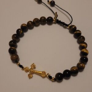 Tiger's Eye Bracelet with Gold Cross Charm (2 for $15)